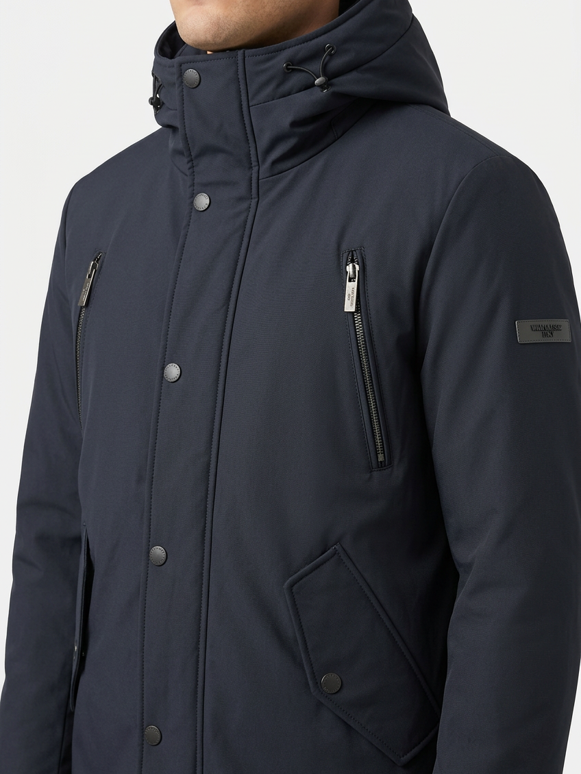 Granite Navy winter jacket zipper and fabric detail on model