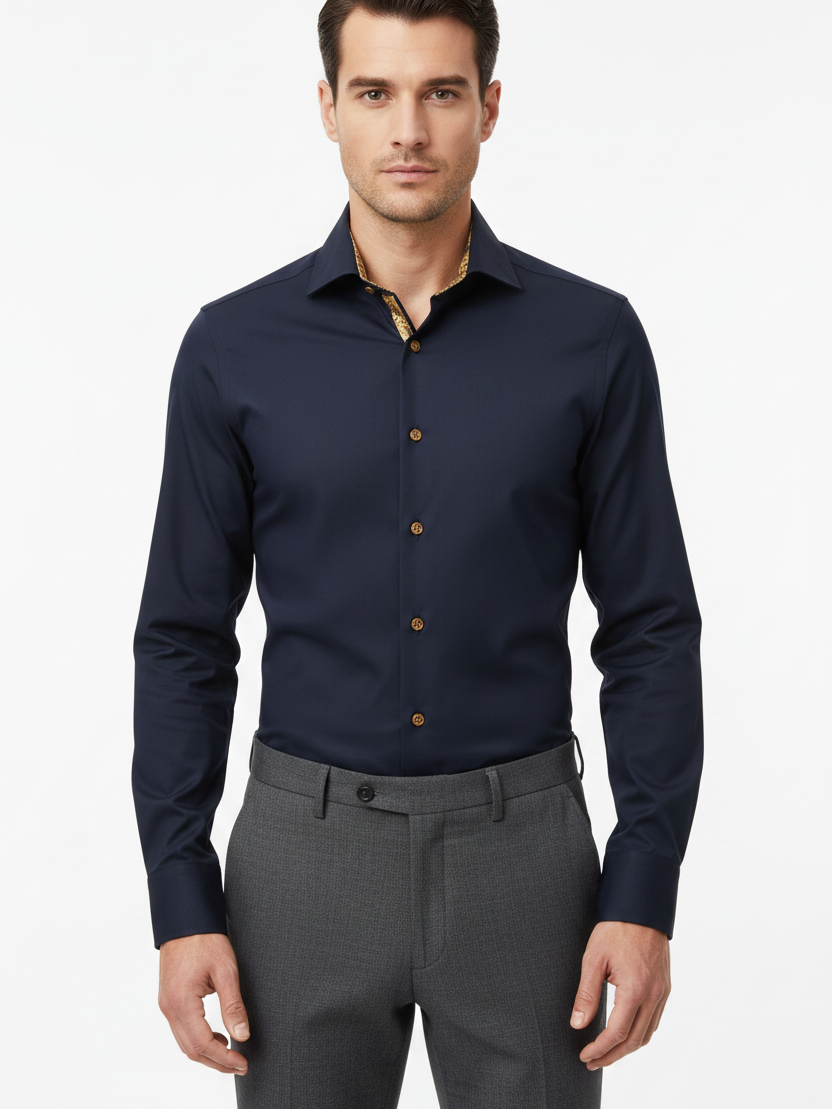 Wam Denim Ordin Navy Long Sleeve Shirt – model front view, tucked in
