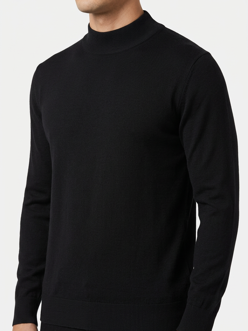 Lux Black pullover collar and knit detail on model