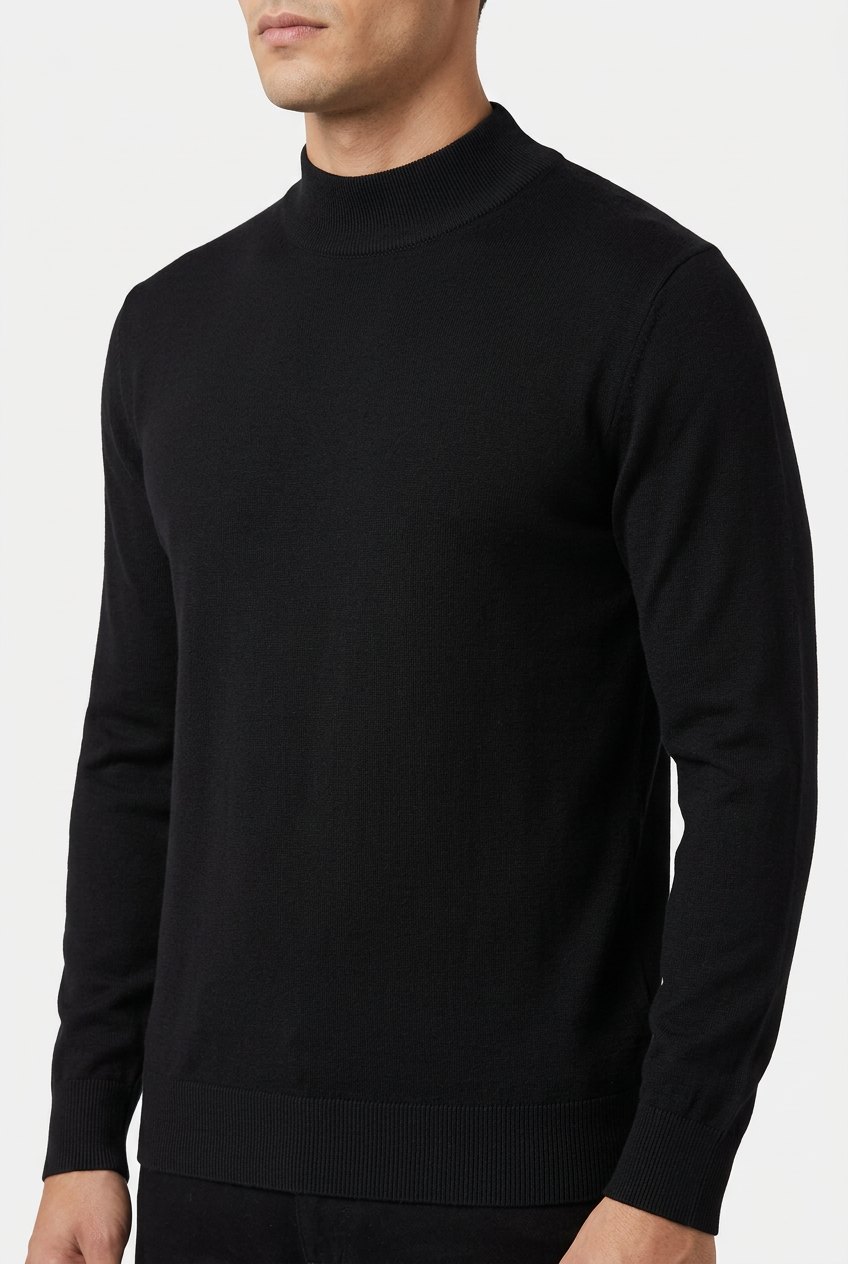 Lux Black pullover collar and knit detail on model