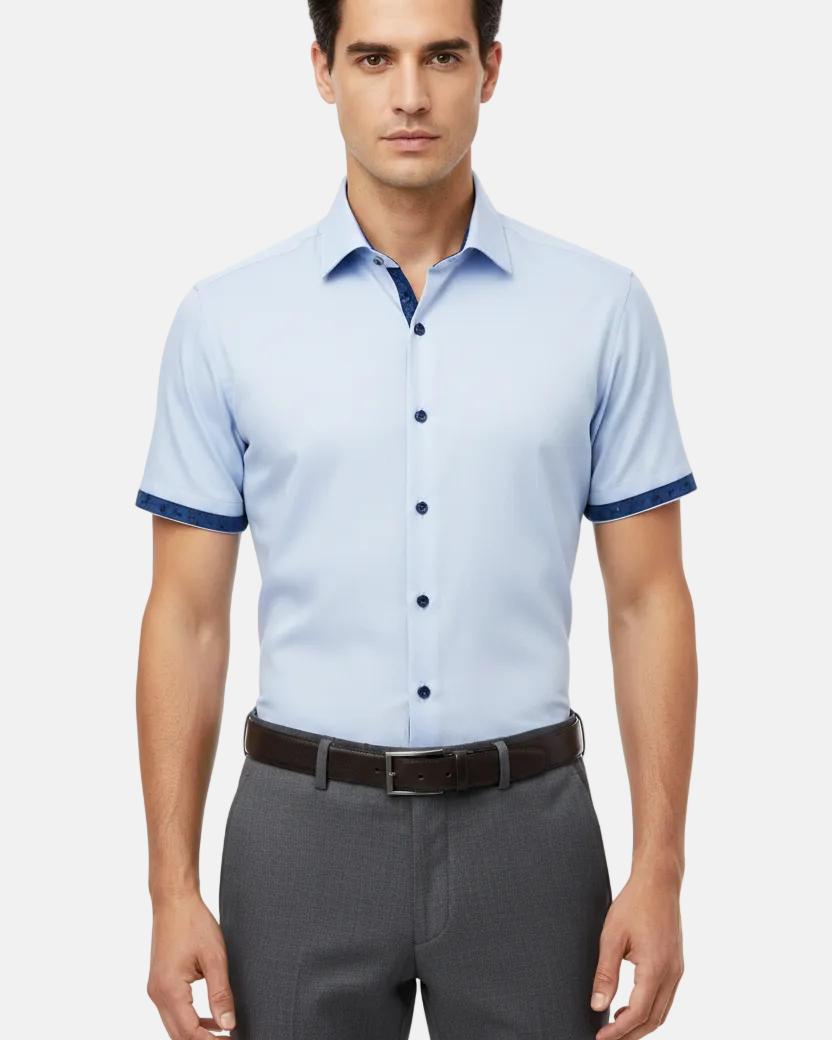 Wam Denim Seldor Blue Short Sleeve Shirt – model front view, tucked in