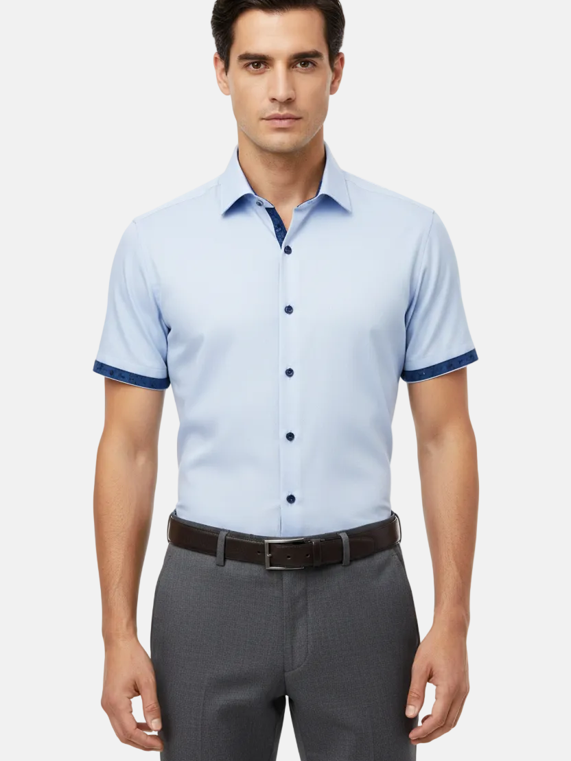 Wam Denim Seldor Blue Short Sleeve Shirt – model front view, tucked in