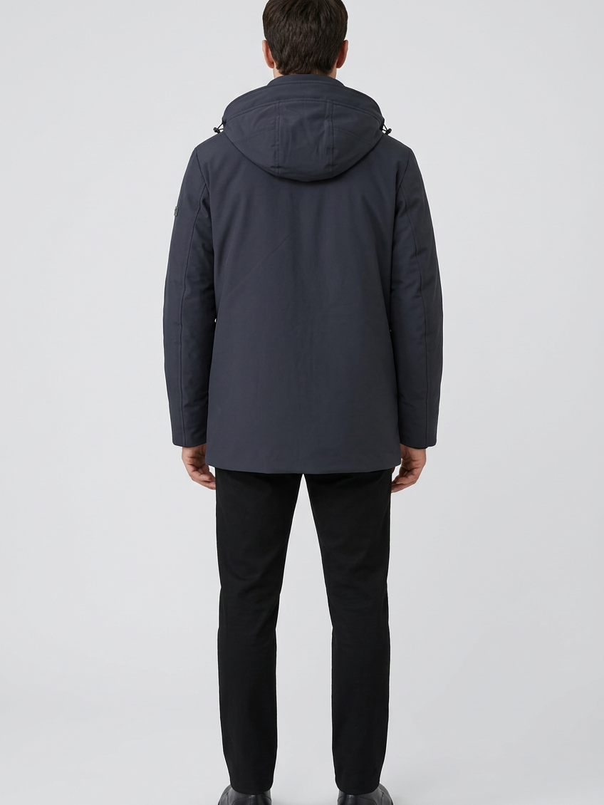 Granite Navy winter jacket on model, back view