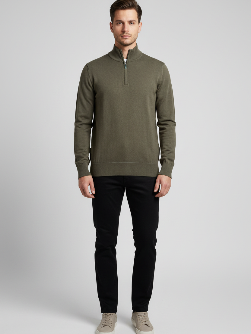 Male model wearing the Wam Denim Shrap khaki pullover, front view