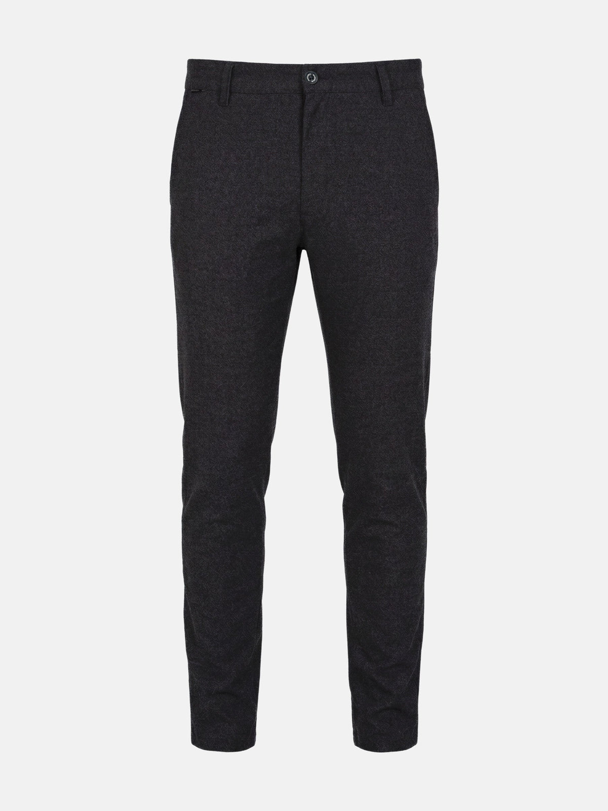 Dark grey men’s chino trousers with slim fit, clean front, and tailored silhouette.