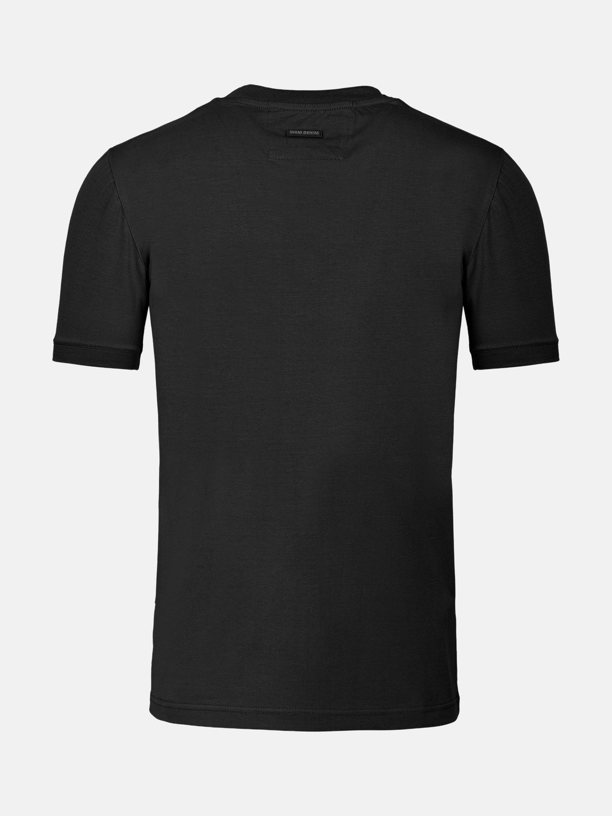 Back view of men’s black crew neck T-shirt, minimalist design