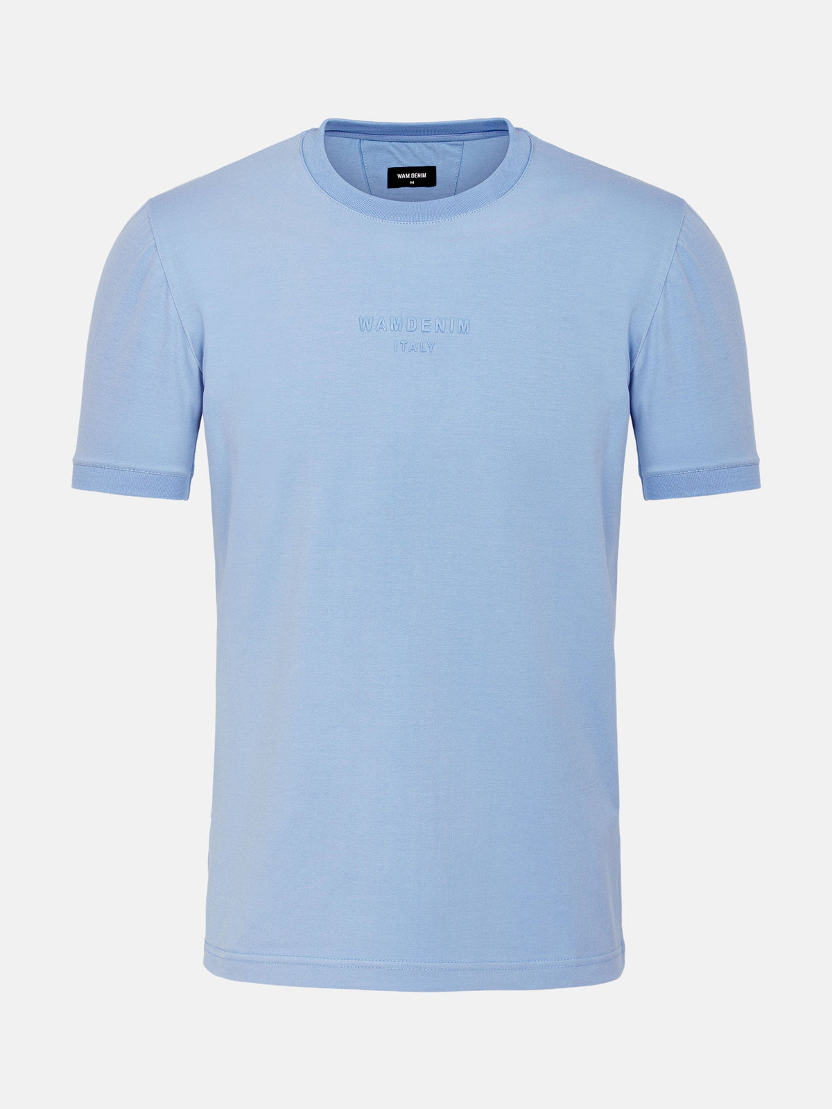 Men’s light blue crew neck T-shirt with subtle chest logo