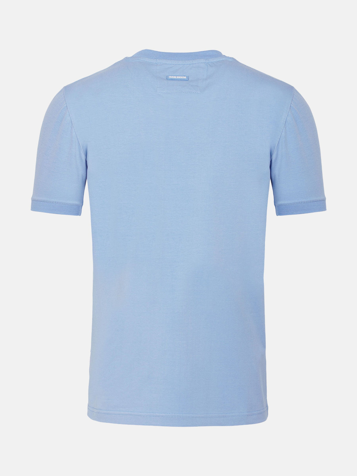 Back view of men’s light blue crew neck T-shirt, minimalist design