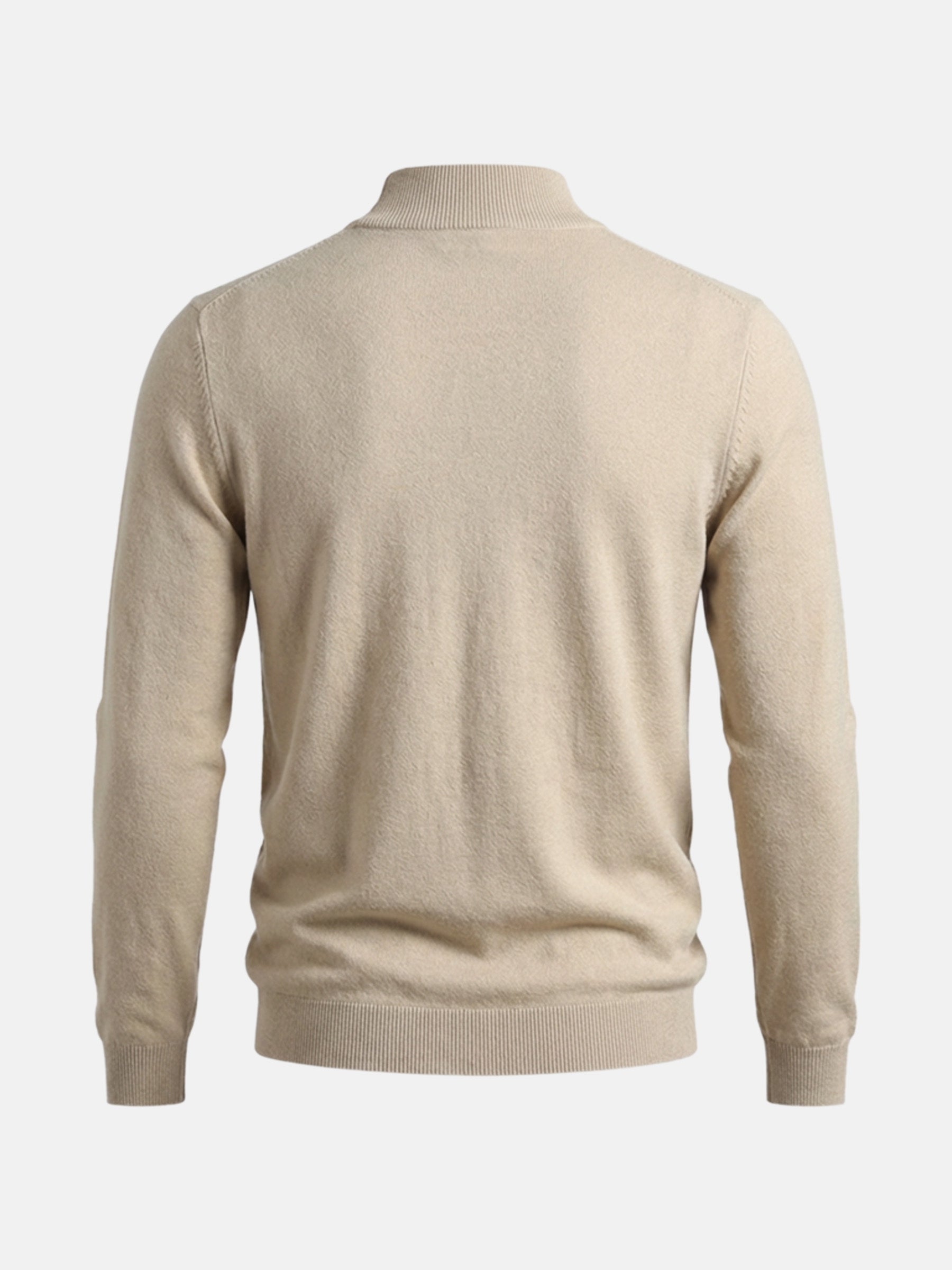 Back view of beige men’s pullover sweater with mock-neck on white background.