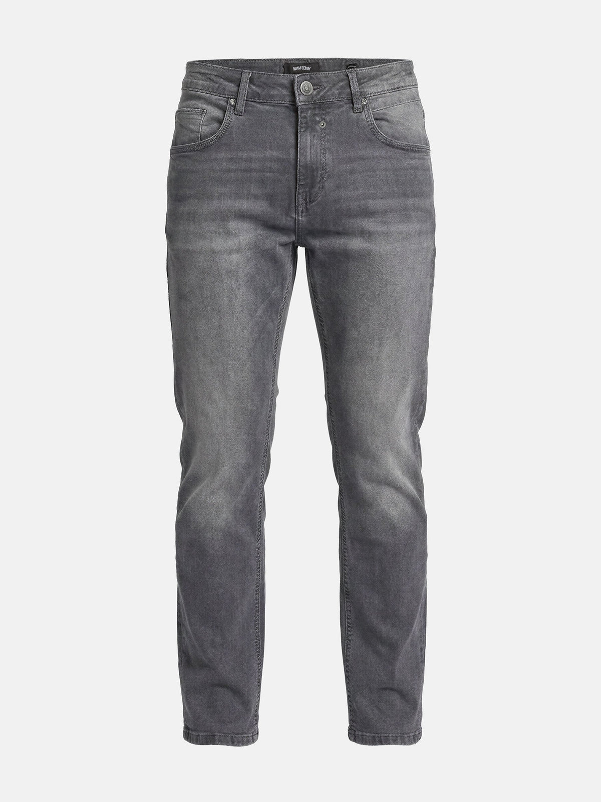 Slim-fit grey denim jeans with classic five-pocket design and subtle faded finish.