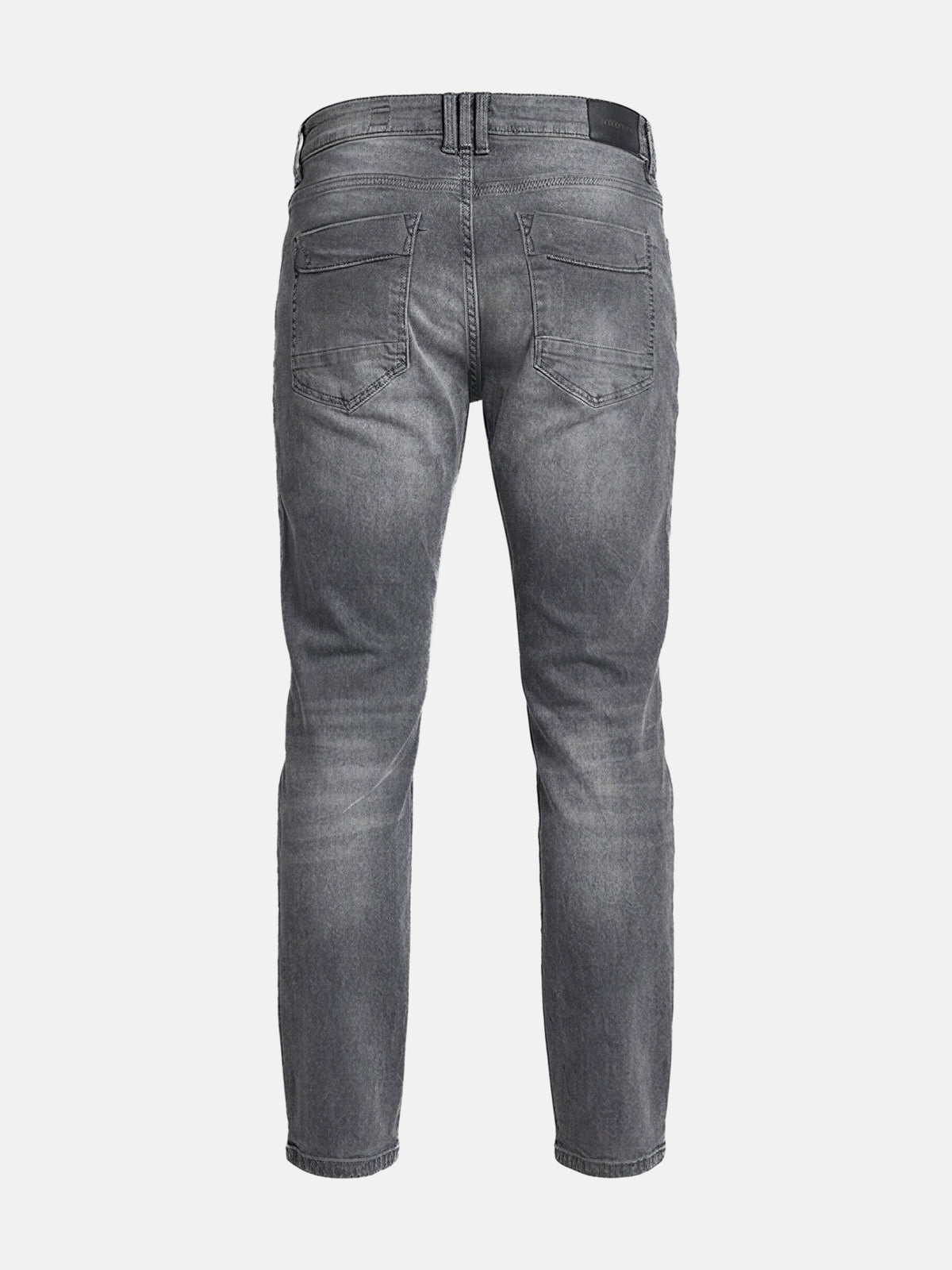 Back view of slim-fit grey jeans with classic pockets and clean denim finish.