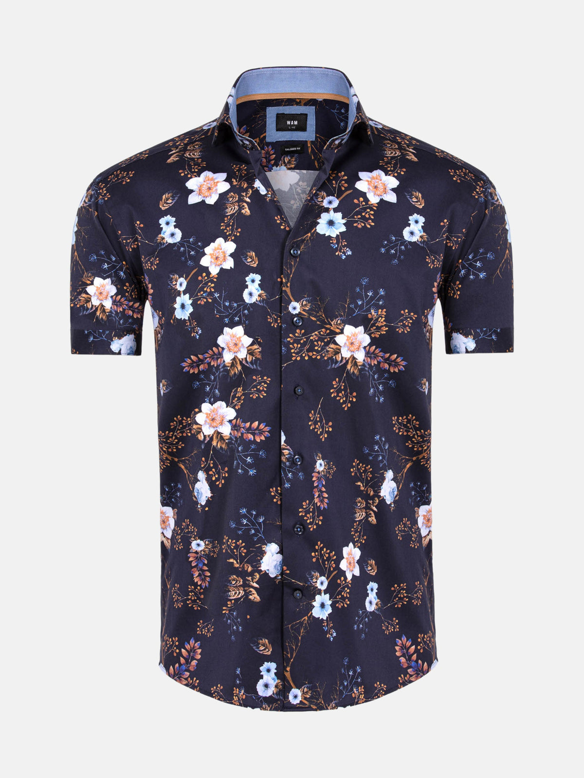 Navy floral print men’s shirt with short sleeves and tailored fit