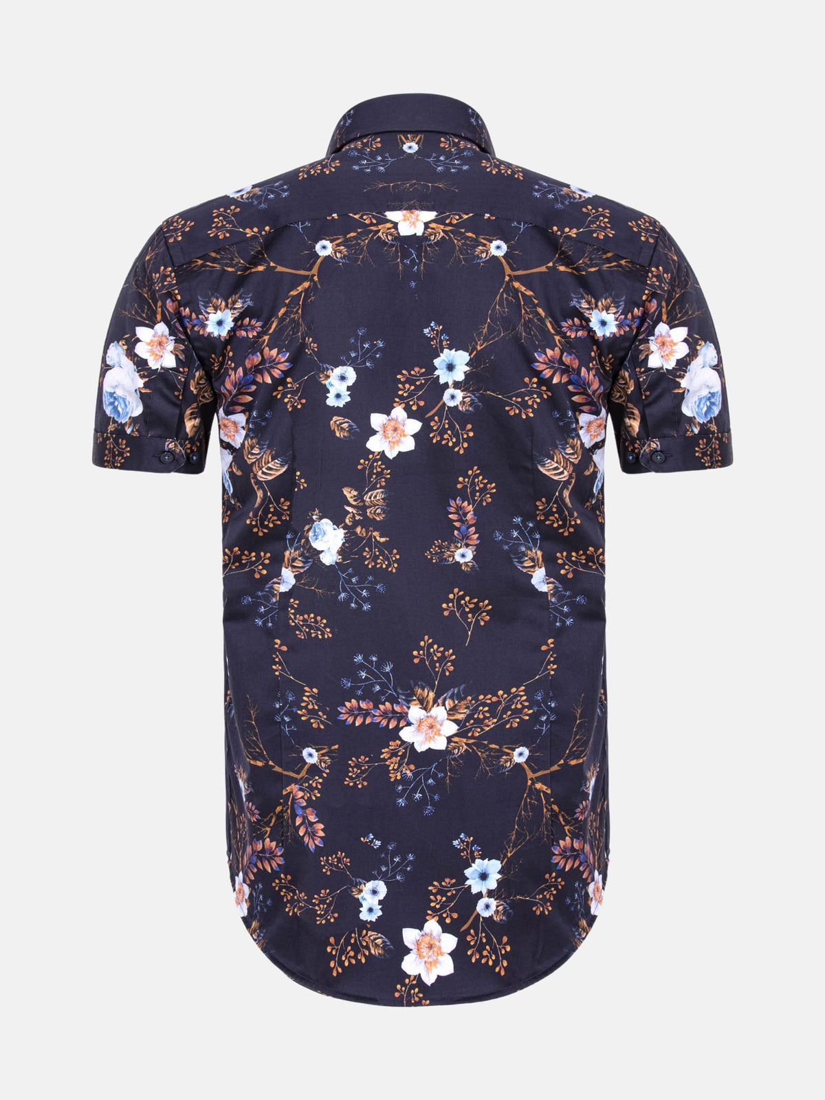 Back view of navy floral print men’s shirt with short sleeves