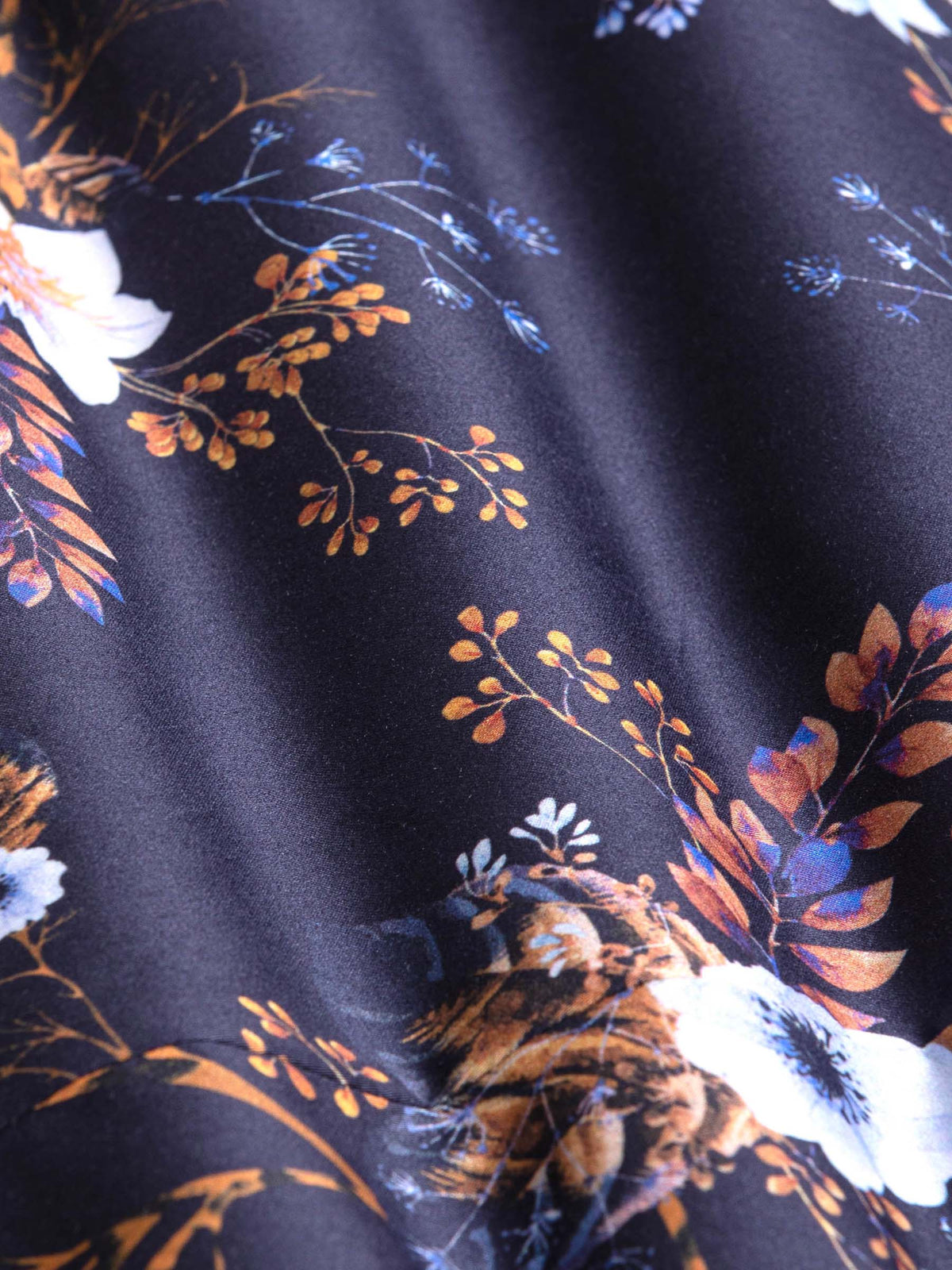 Close-up of navy floral print shirt fabric with detailed pattern texture