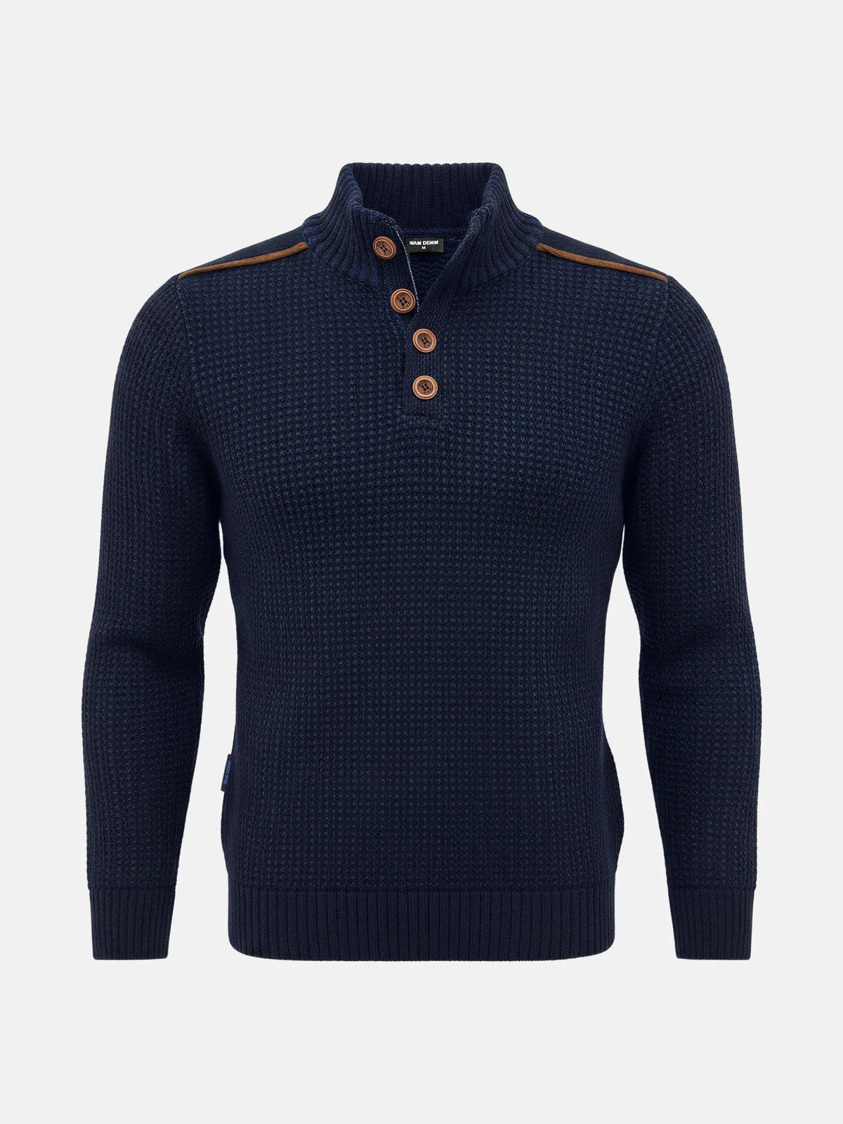Indigo navy men’s knit sweater with textured pattern and brown button-neck design.