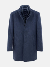 Light navy men’s trenchcoat with quilted inner lining and front button closure for winter.