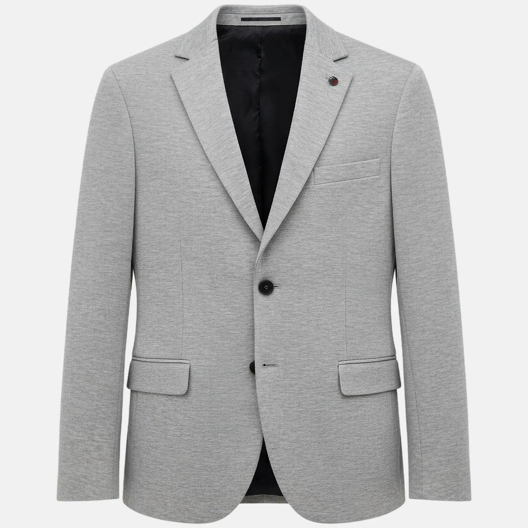 Light grey men's blazer with notch lapel and two-button closure.