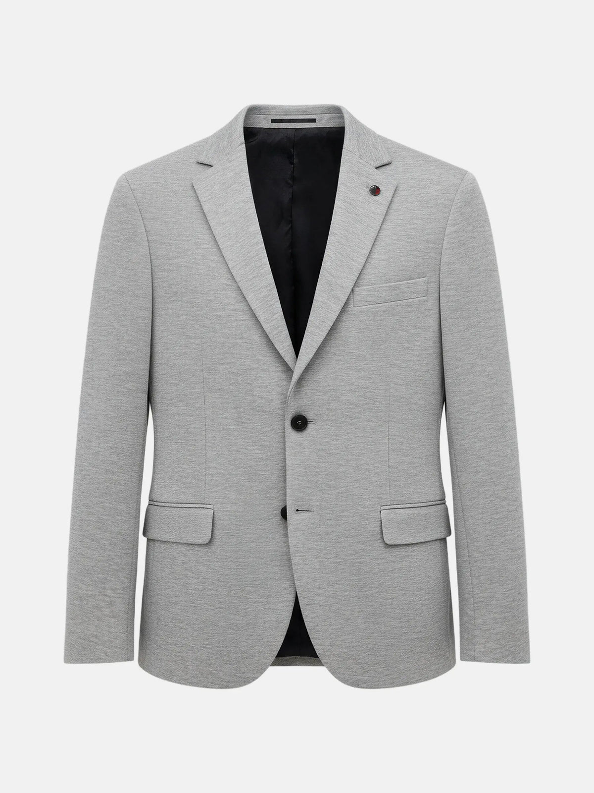 Light grey men's blazer with notch lapel and two-button closure.