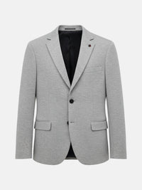 Light grey men's blazer with notch lapel and two-button closure.