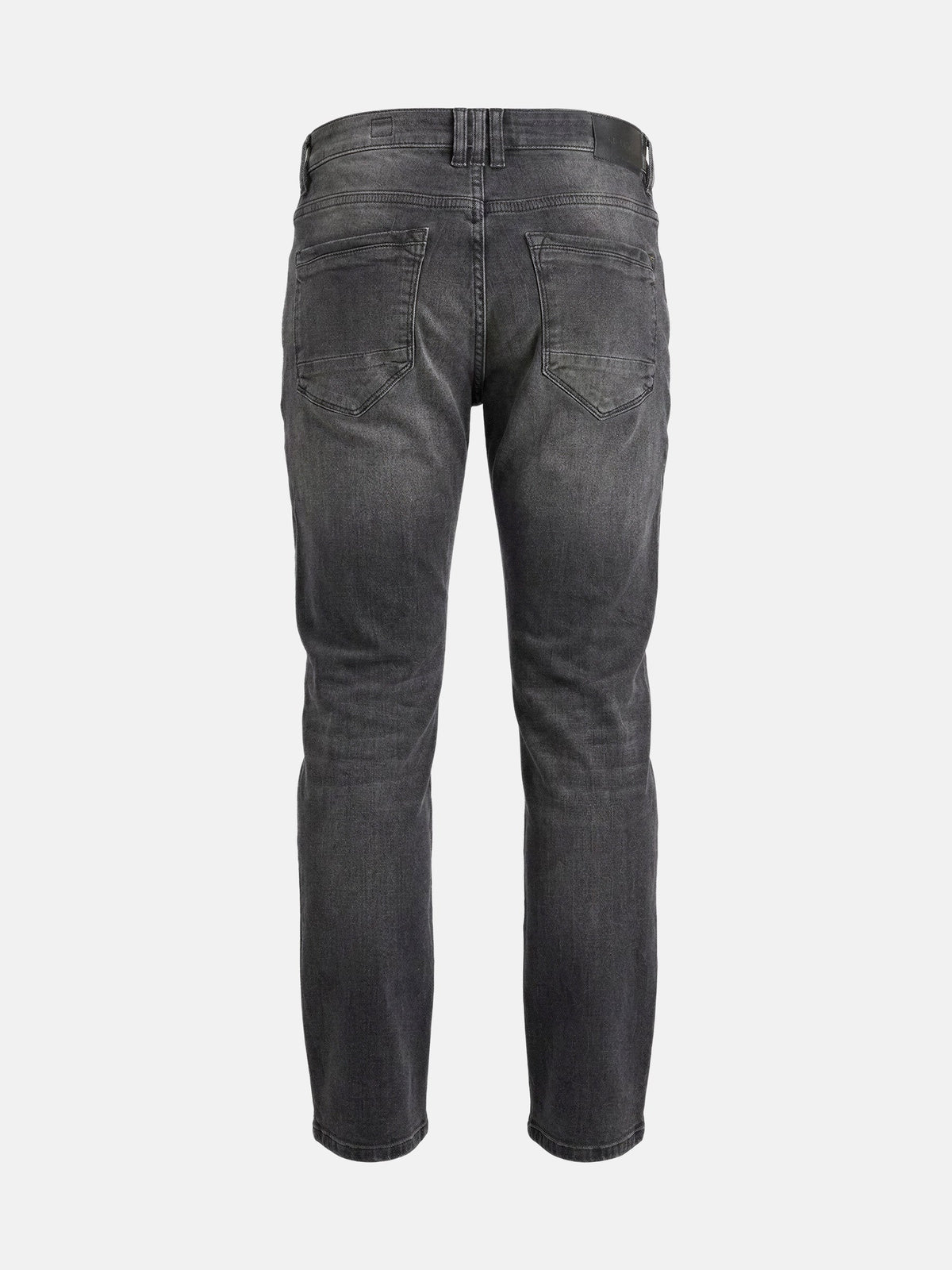 Back view of men’s grey slim fit jeans with faded wash and back pockets.