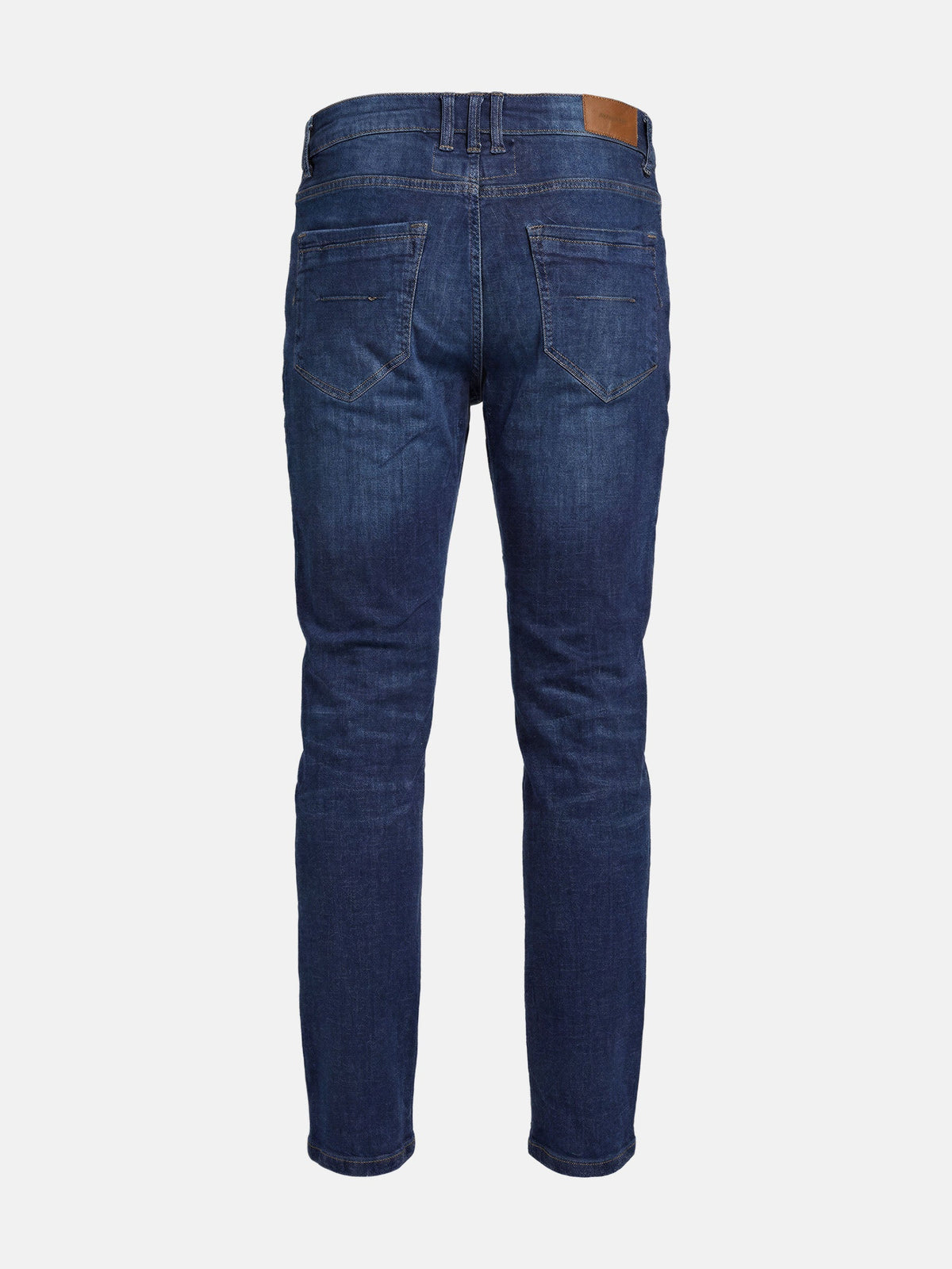 Back view of men’s blue slim fit jeans with classic rear pockets